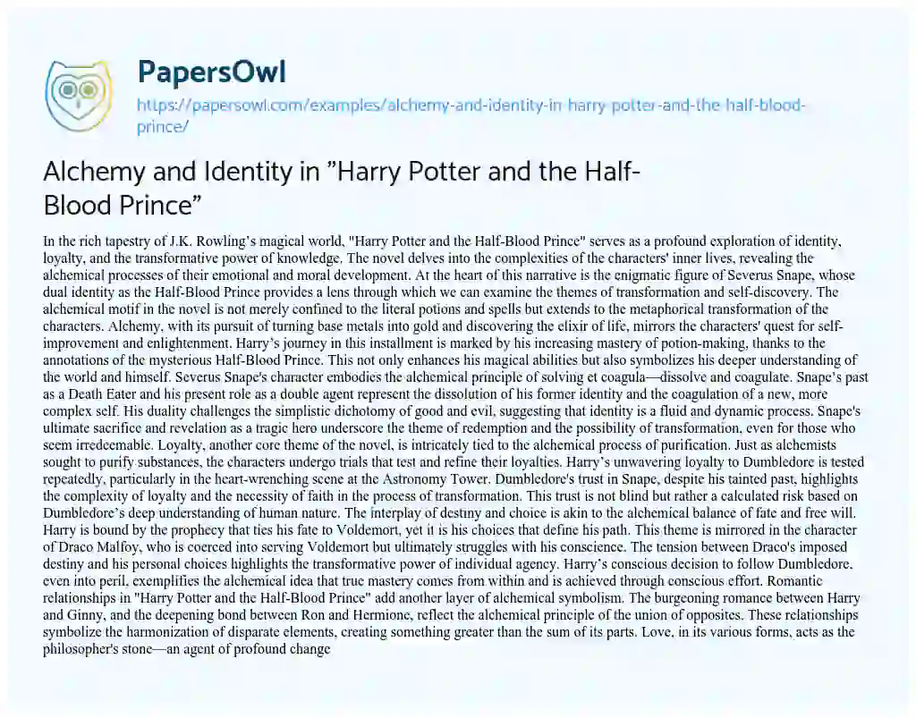 Essay on Alchemy and Identity in “Harry Potter and the Half-Blood Prince”
