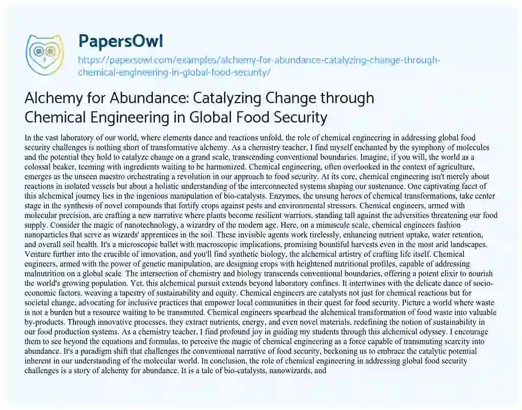 Essay on Alchemy for Abundance: Catalyzing Change through Chemical Engineering in Global Food Security