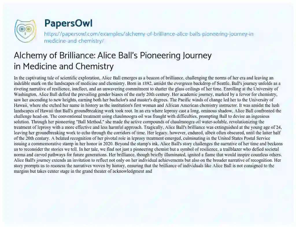 Essay on Alchemy of Brilliance: Alice Ball’s Pioneering Journey in Medicine and Chemistry