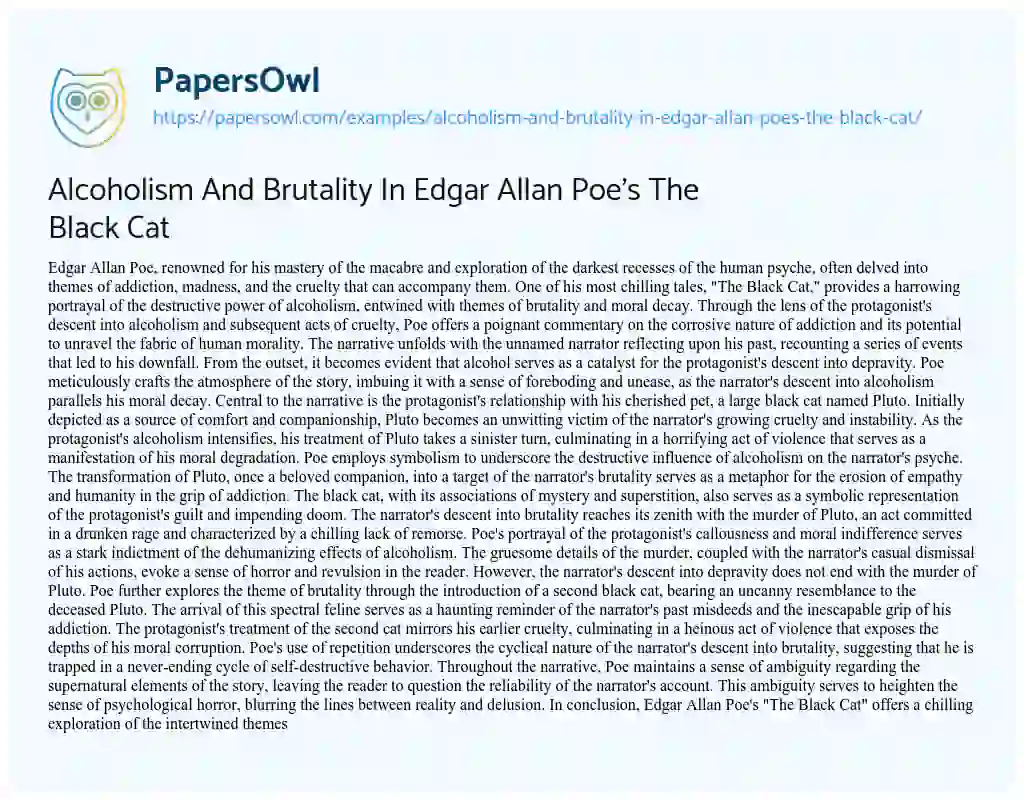 Essay on Alcoholism and Brutality in Edgar Allan Poe’s the Black Cat