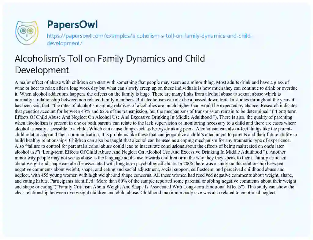 Essay on Alcoholism’s Toll on Family Dynamics and Child Development