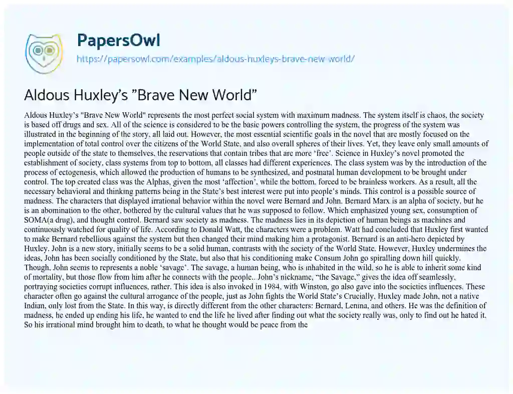 Essay on Aldous Huxley’s “Brave New World”