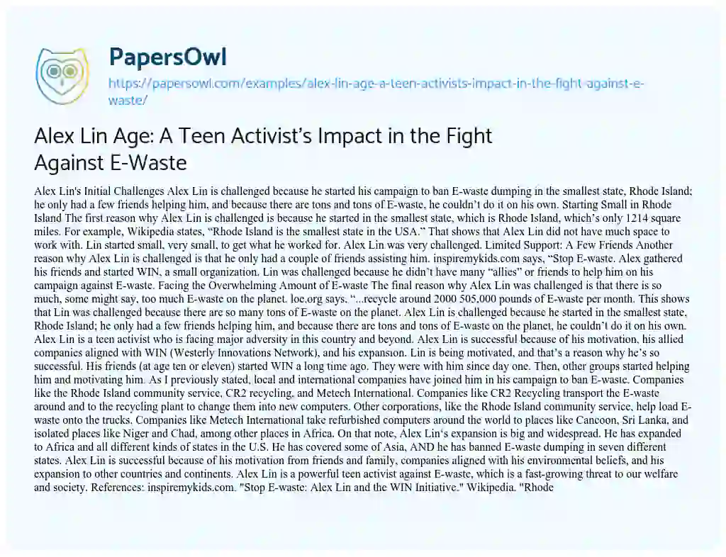 Essay on Alex Lin Age: a Teen Activist’s Impact in the Fight against E-Waste