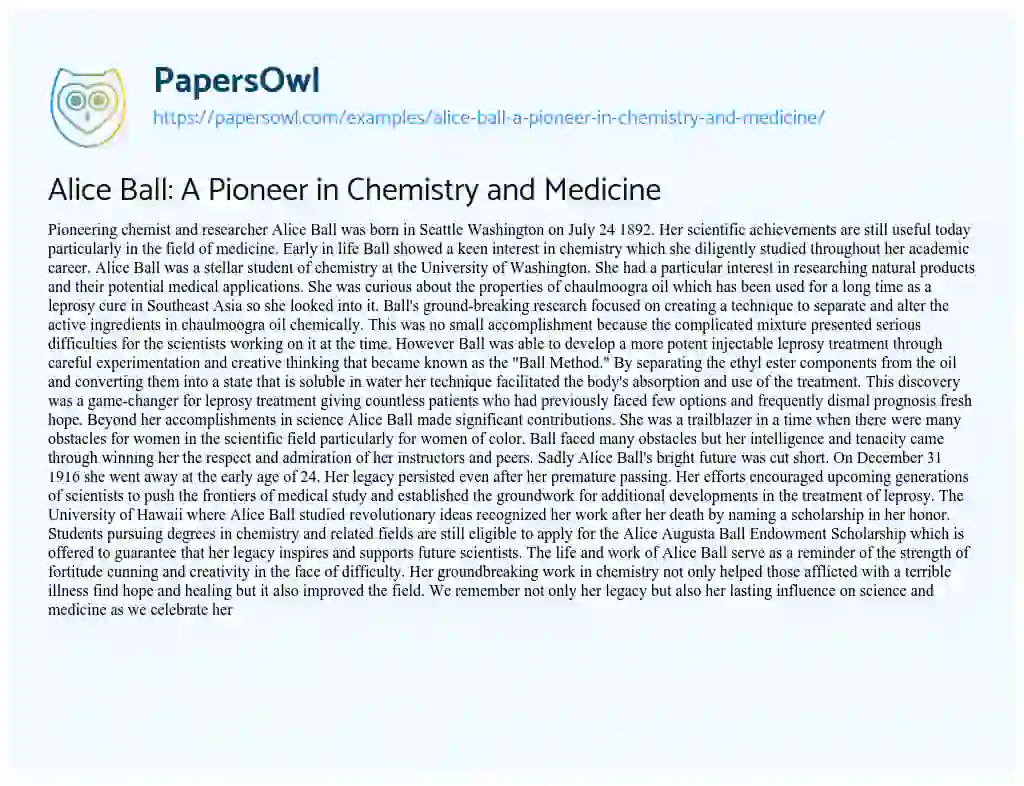 Essay on Alice Ball: a Pioneer in Chemistry and Medicine