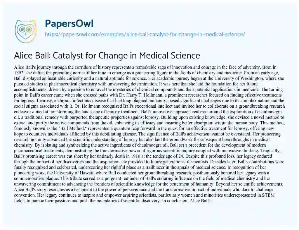 Essay on Alice Ball: Catalyst for Change in Medical Science