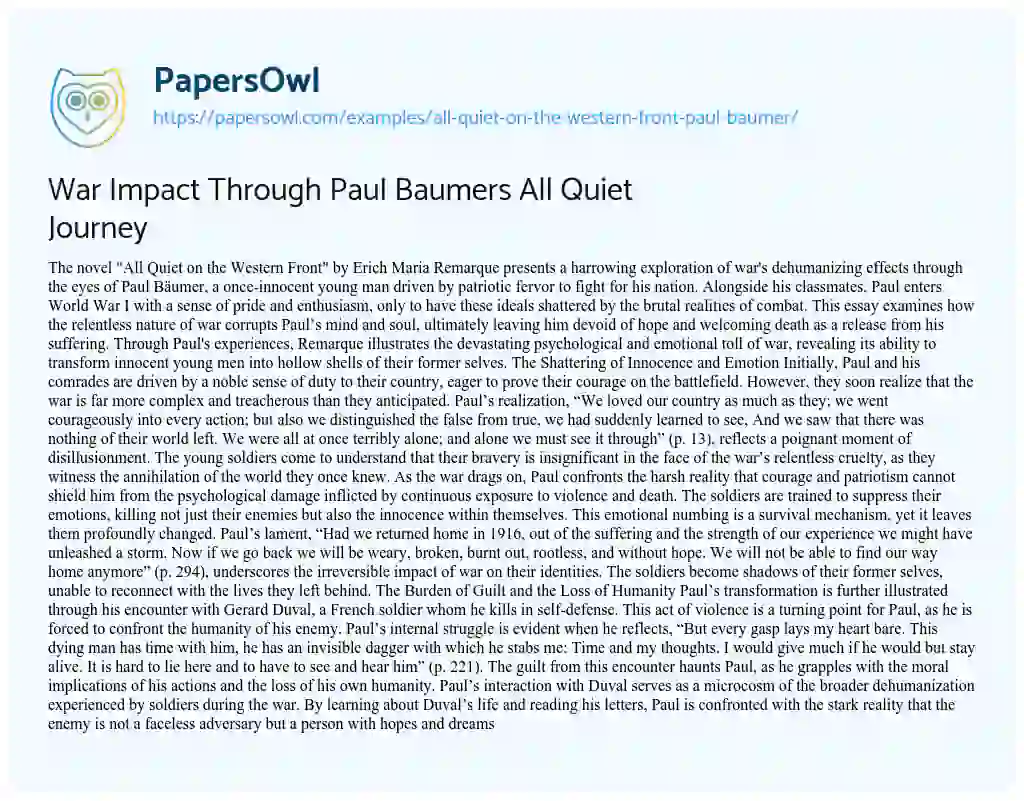 Essay on All Quiet on the Western Front – Paul Bäumer