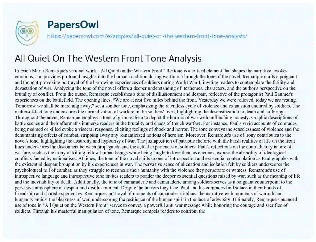 Essay on All Quiet on the Western Front Tone Analysis
