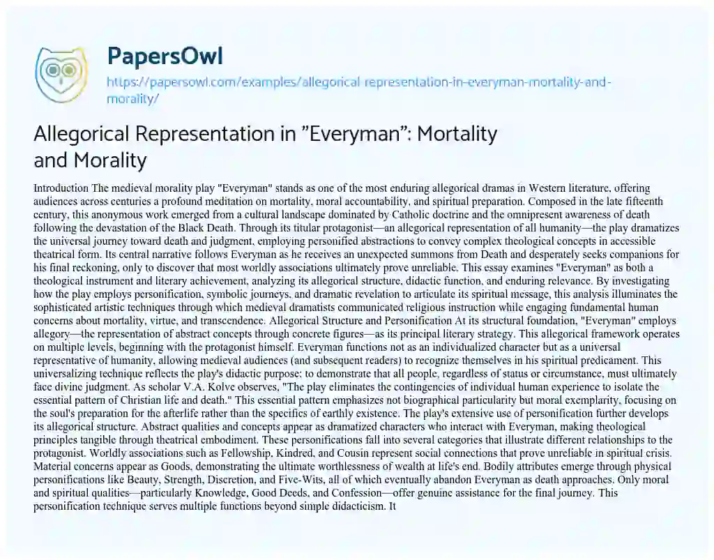 Essay on Allegorical Representation in “Everyman”: Mortality and Morality