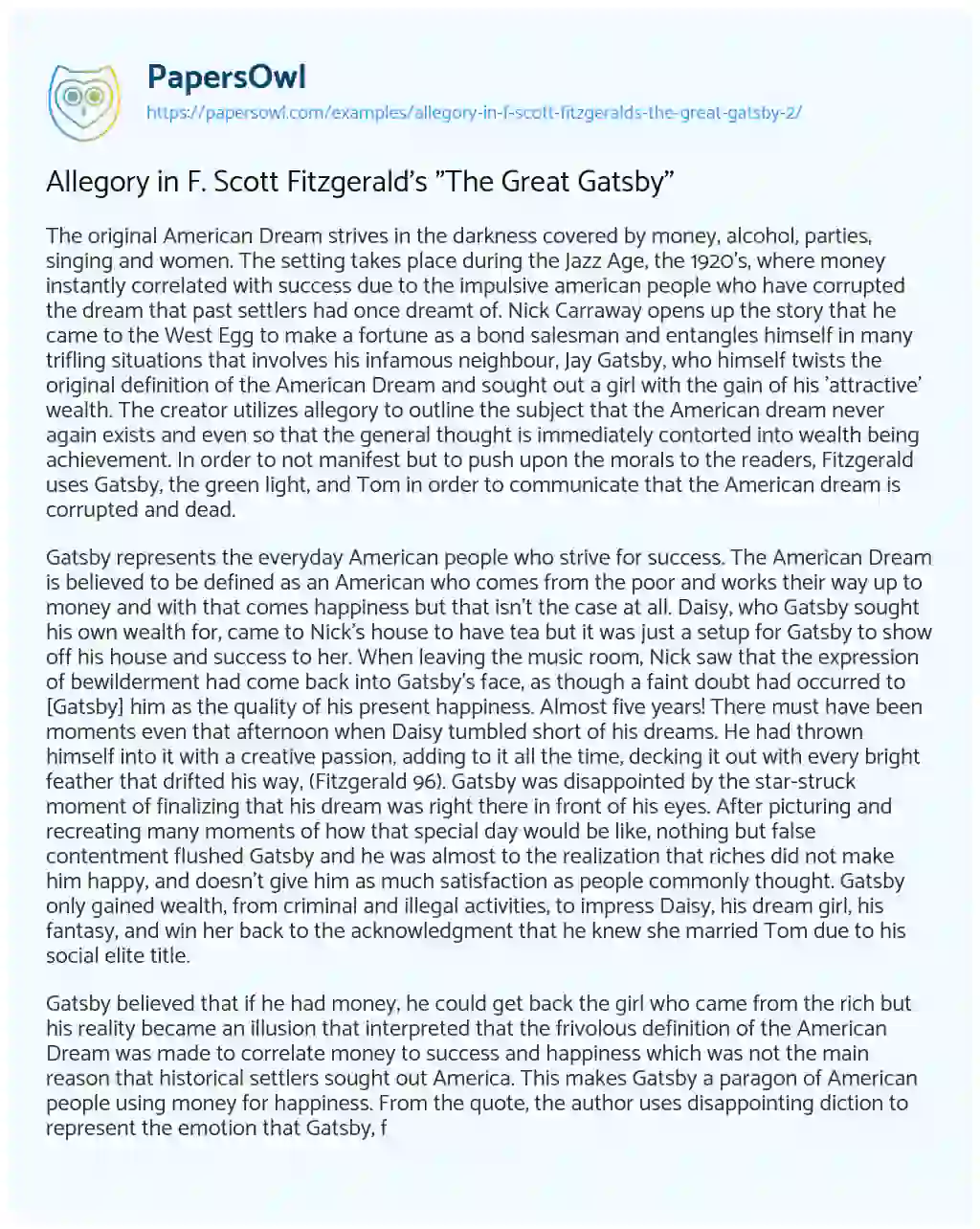 Allegory in F. Scott Fitzgerald’s “The Great Gatsby” essay