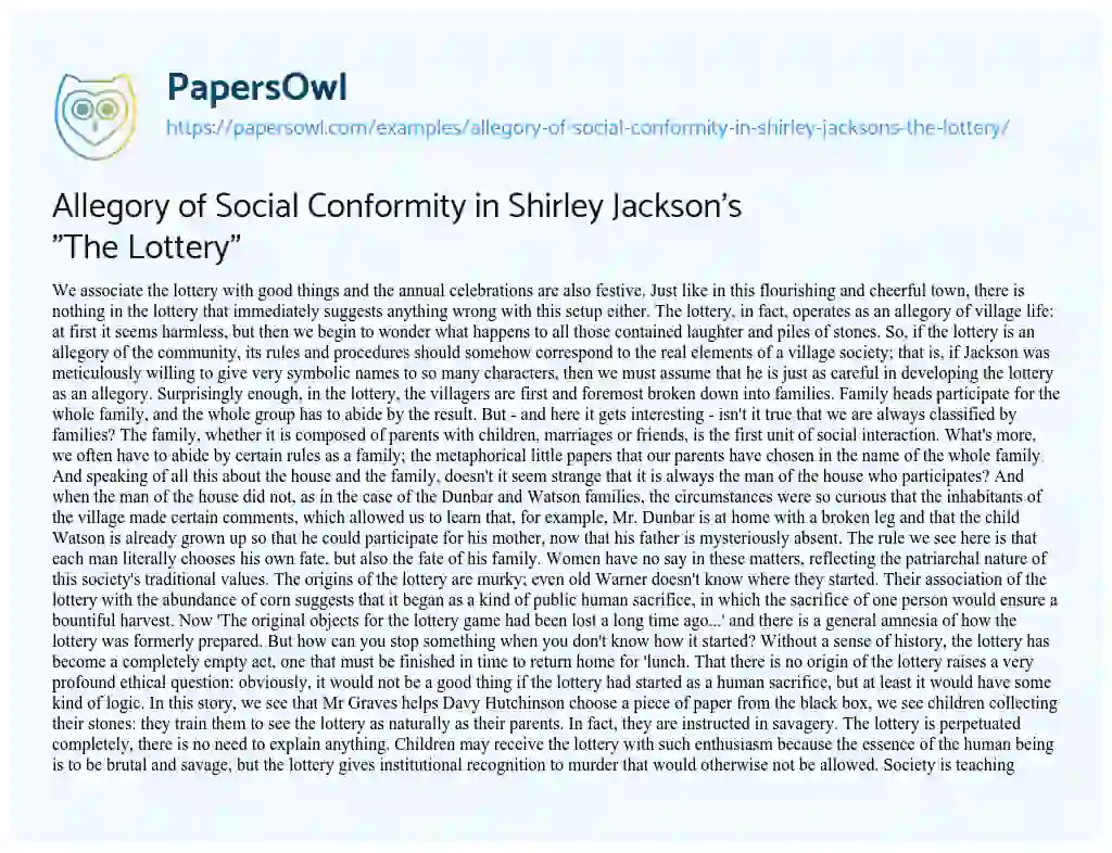 Essay on Allegory of Social Conformity in Shirley Jackson’s “The Lottery”
