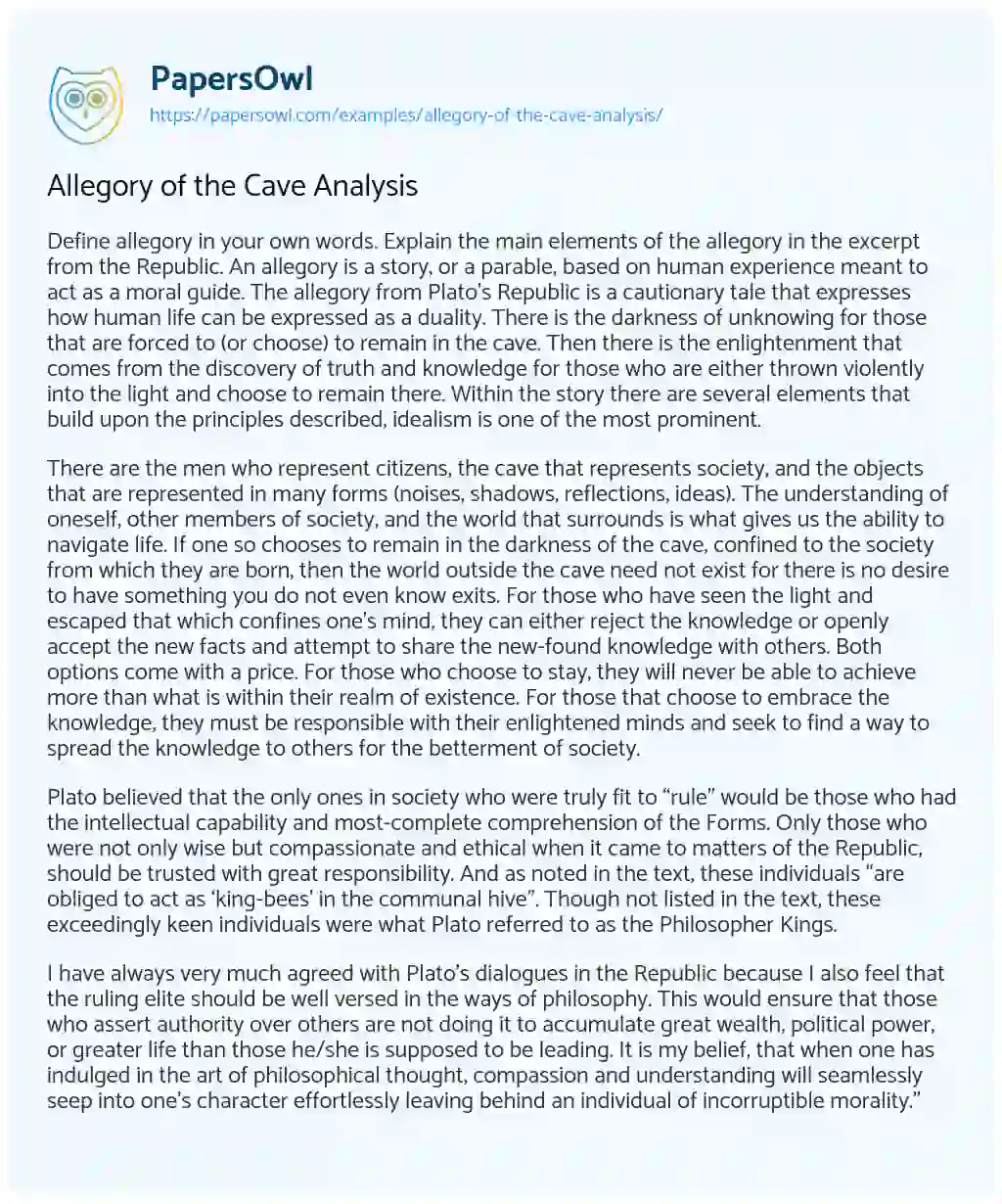 Essay on Allegory of the Cave Analysis