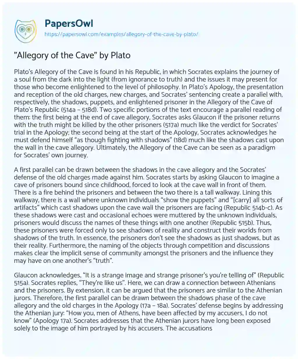 “Allegory of the Cave” by Plato “Allegory of the Cave” by Plato essay