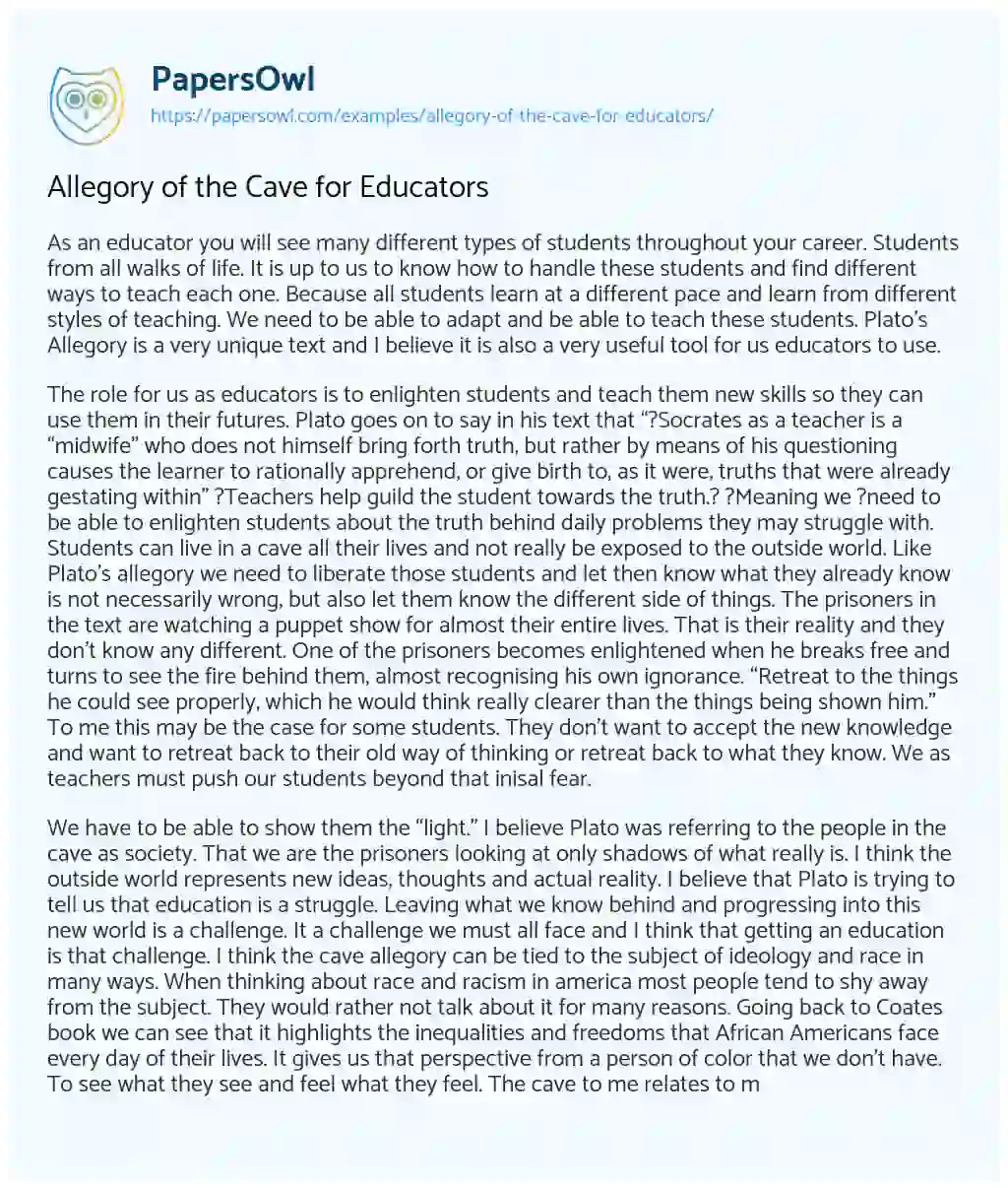 Essay on Allegory of the Cave for Educators