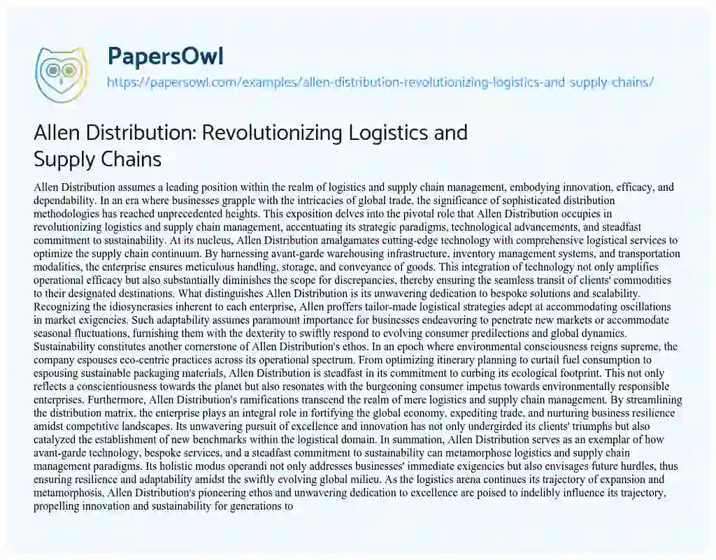 Essay on Allen Distribution: Revolutionizing Logistics and Supply Chains