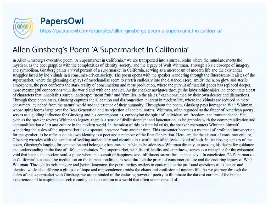 Essay on Allen Ginsberg’s Poem ‘A Supermarket in California’