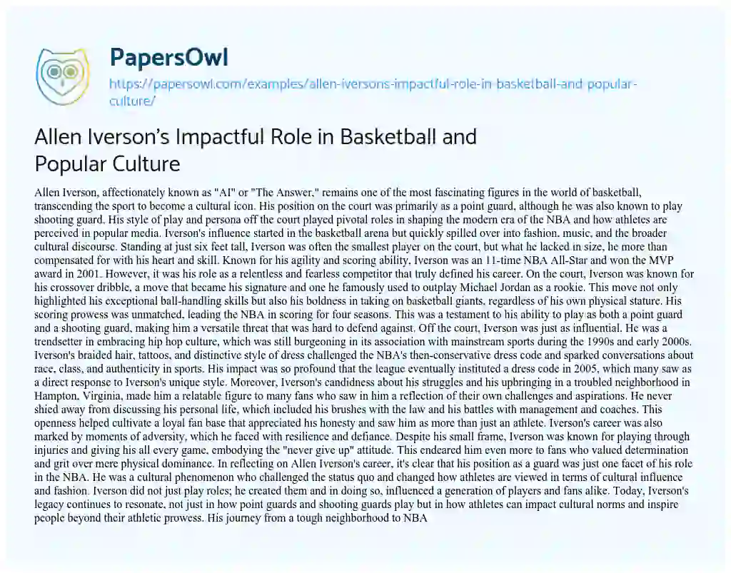 Essay on Allen Iverson’s Impactful Role in Basketball and Popular Culture