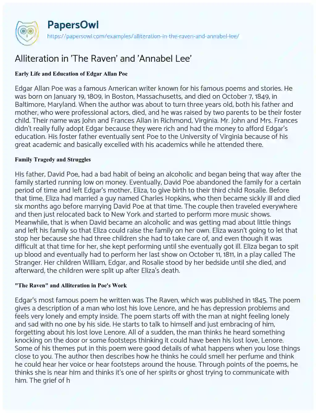 Alliteration in 'The Raven' and 'Annabel Lee' - Free Essay Example ...