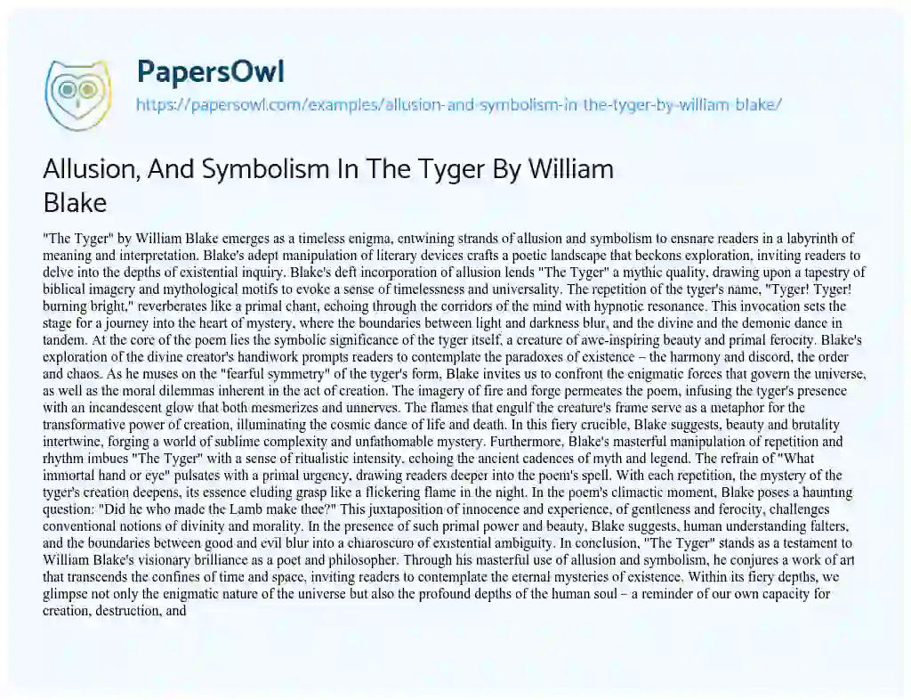 Essay on Allusion, and Symbolism in the Tyger by William Blake