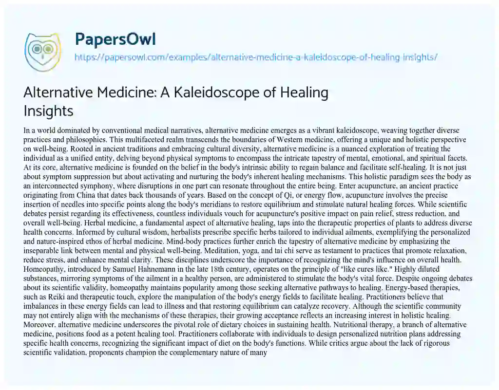 Essay on Alternative Medicine: a Kaleidoscope of Healing Insights