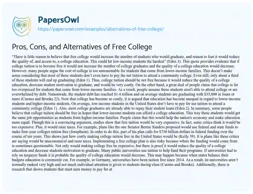 Pros, Cons, and Alternatives of Free College essay