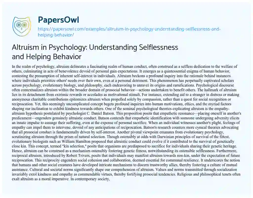Essay on Altruism in Psychology: Understanding Selflessness and Helping Behavior