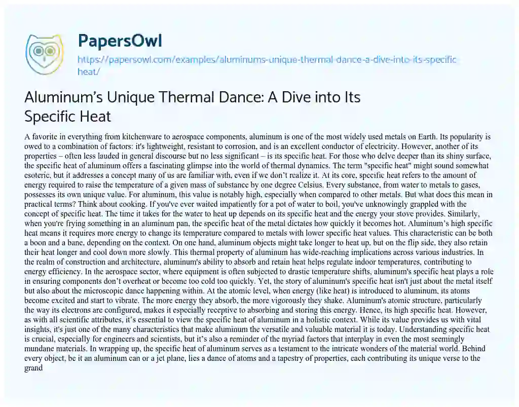 Essay on Aluminum’s Unique Thermal Dance: a Dive into its Specific Heat