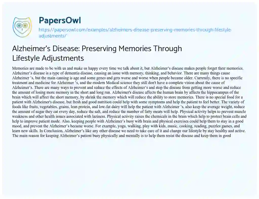 Essay on Alzheimer’s Disease: Preserving Memories through Lifestyle Adjustments