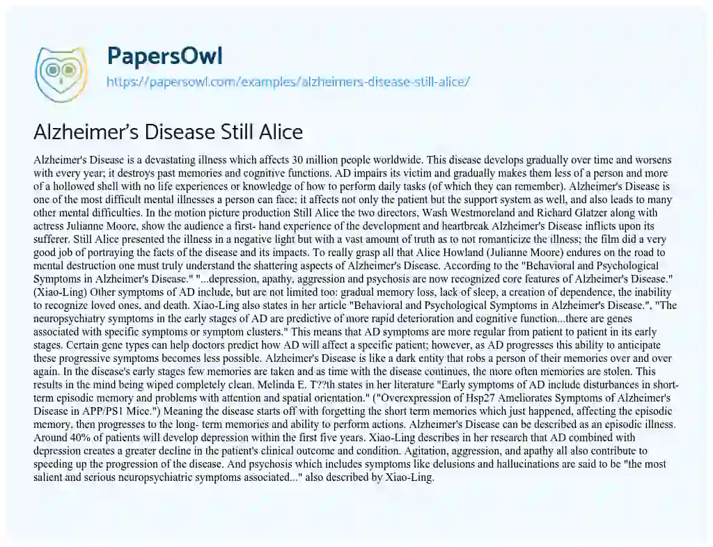 Essay on Alzheimer’s Disease Still Alice