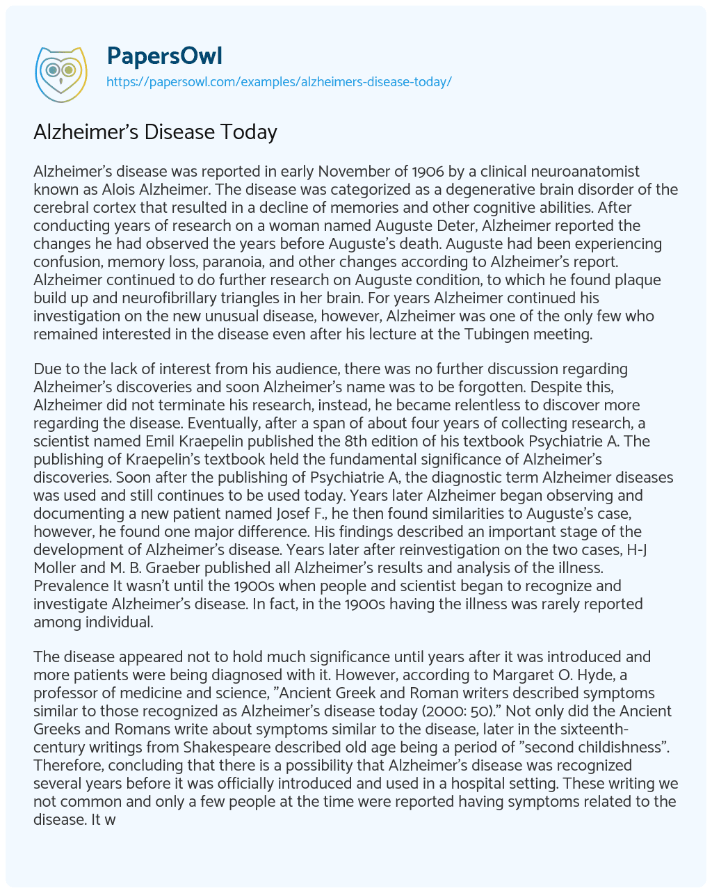 Alzheimer’s Disease Today Alzheimer’s Disease Today essay