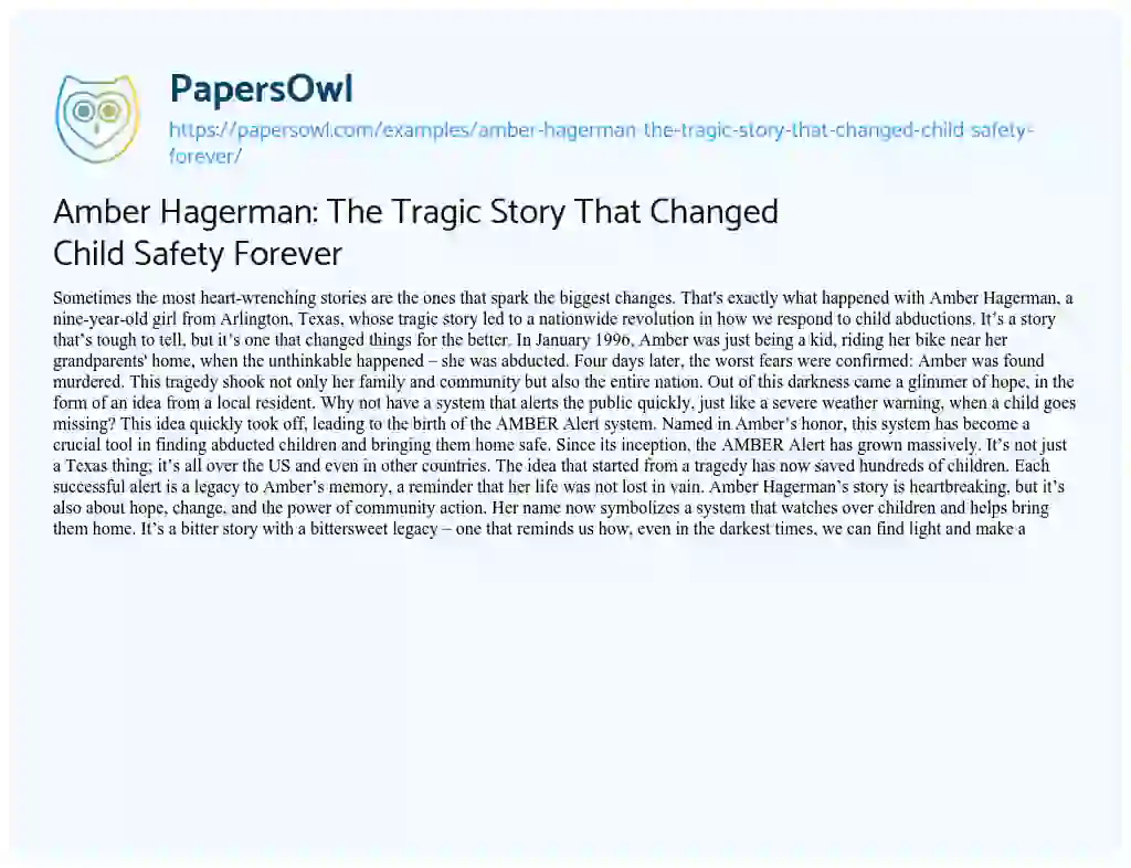 Essay on Amber Hagerman: the Tragic Story that Changed Child Safety Forever