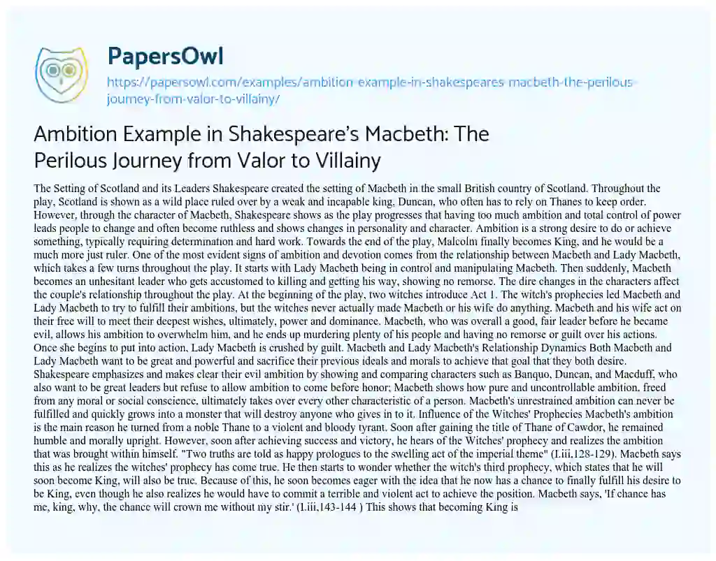 Essay on Ambition Example in Shakespeare’s Macbeth: the Perilous Journey from Valor to Villainy