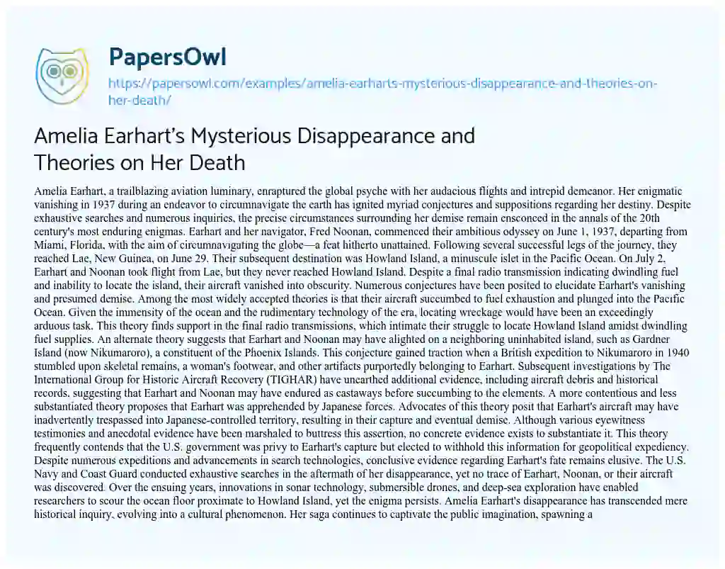 Essay on Amelia Earhart’s Mysterious Disappearance and Theories on her Death