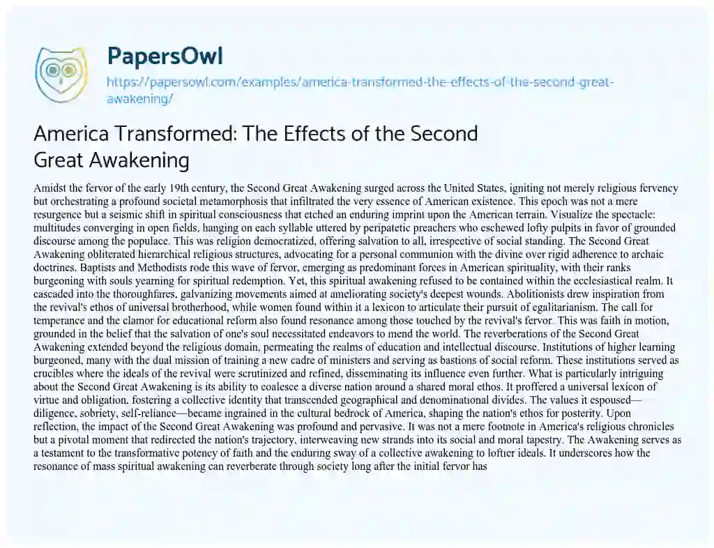 Essay on America Transformed: the Effects of the Second Great Awakening