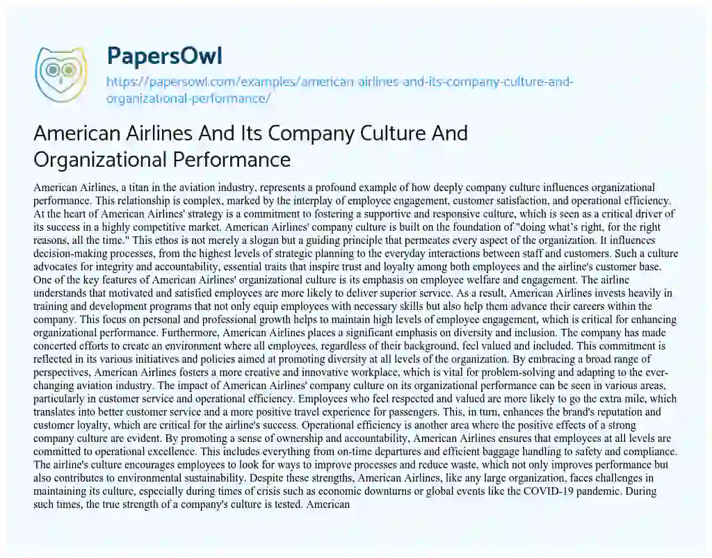 Essay on American Airlines and its Company Culture and Organizational Performance