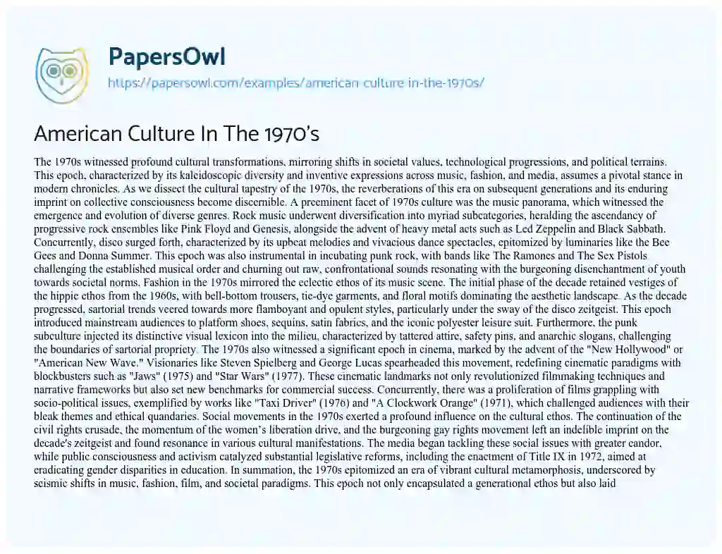 Essay on American Culture in the 1970’s
