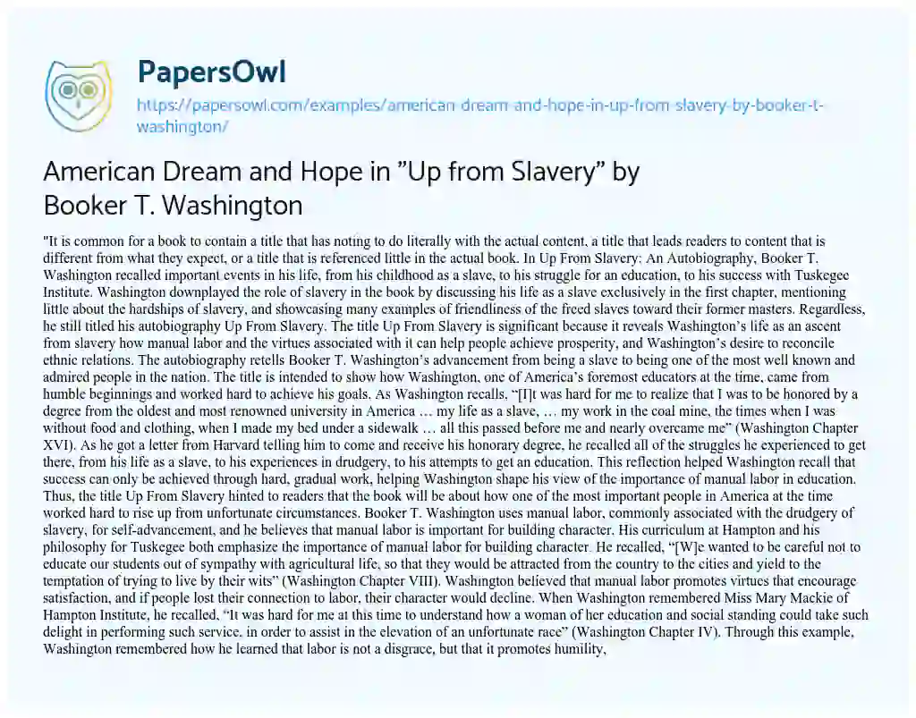 Essay on American Dream and Hope in “Up from Slavery” by Booker T. Washington