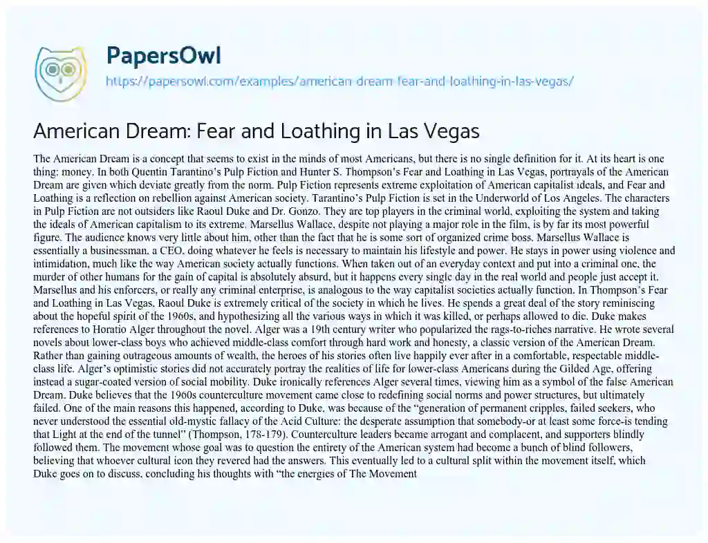 Essay on American Dream: Fear and Loathing in Las Vegas