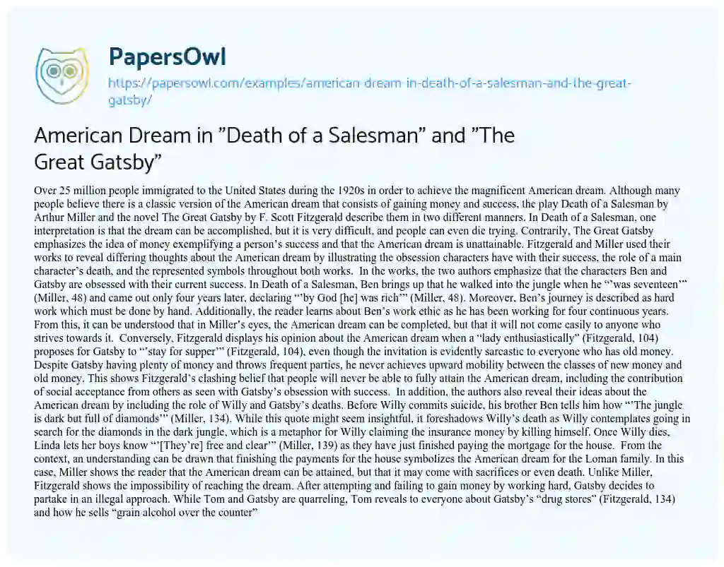 Essay on American Dream in “Death of a Salesman” and “The Great Gatsby”