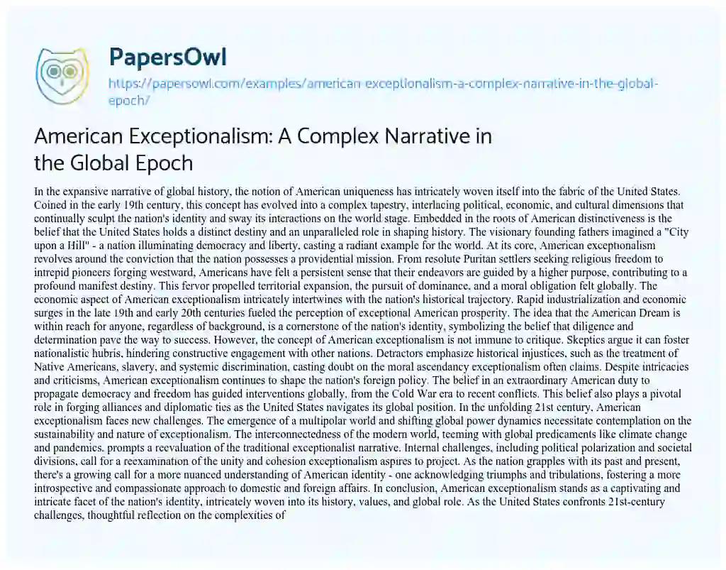 Essay on American Exceptionalism: a Complex Narrative in the Global Epoch
