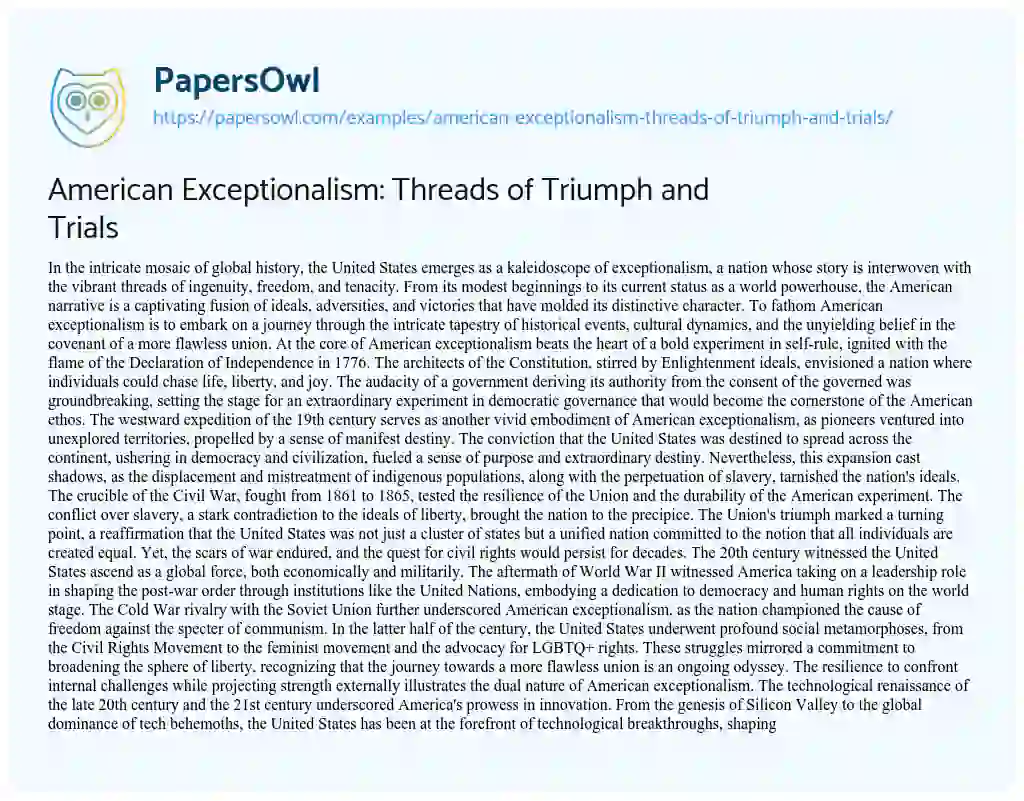Essay on American Exceptionalism: Threads of Triumph and Trials