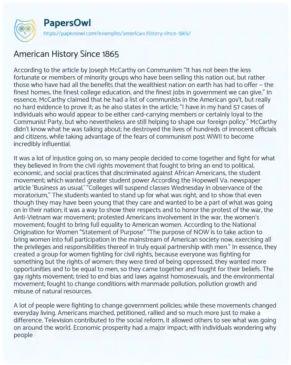 Essay on American History Since 1865