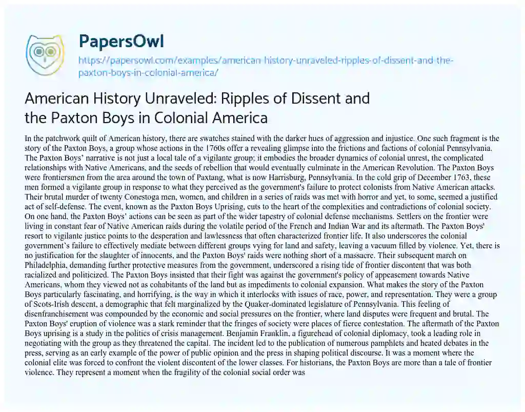 Essay on American History Unraveled: Ripples of Dissent and the Paxton Boys in Colonial America