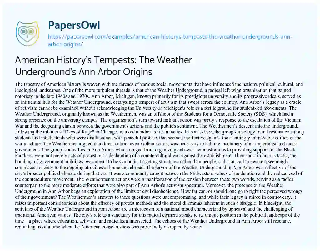 Essay on American History’s Tempests: the Weather Underground’s Ann Arbor Origins