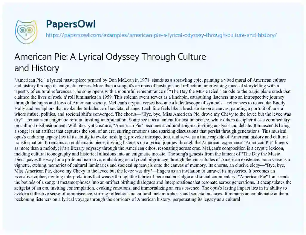 Essay on American Pie: a Lyrical Odyssey through Culture and History