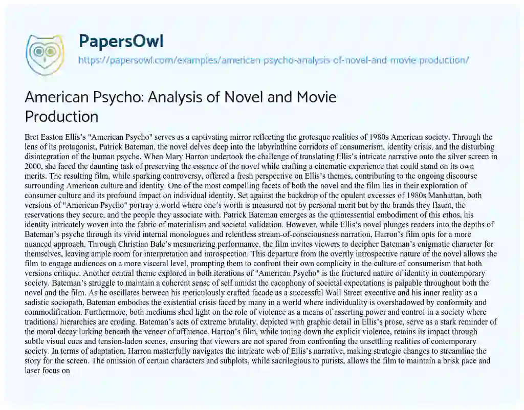 Essay on American Psycho: Analysis of Novel and Movie Production