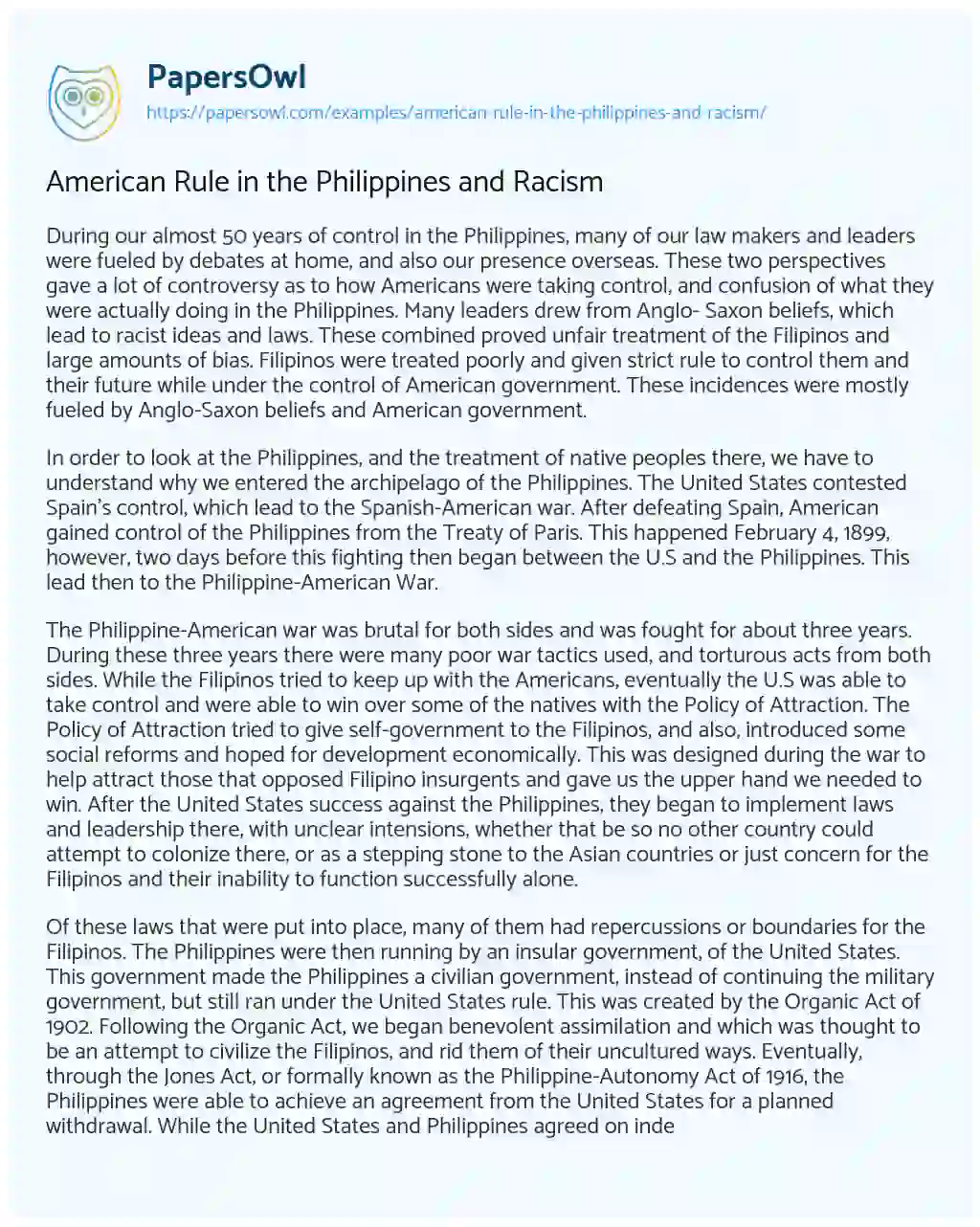 American Rule in the Philippines and Racism essay