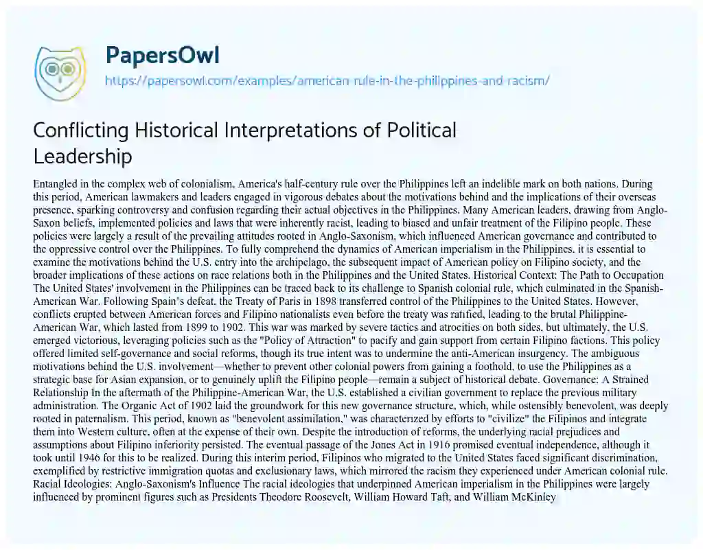 Essay on American Rule in the Philippines and Racism