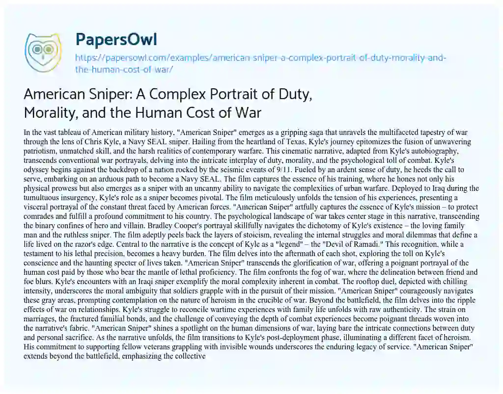 Essay on American Sniper: a Complex Portrait of Duty, Morality, and the Human Cost of War