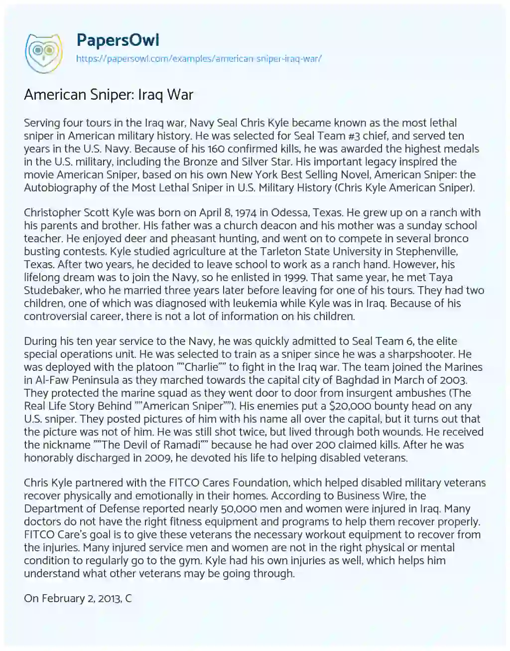 Essay on American Sniper: Iraq War