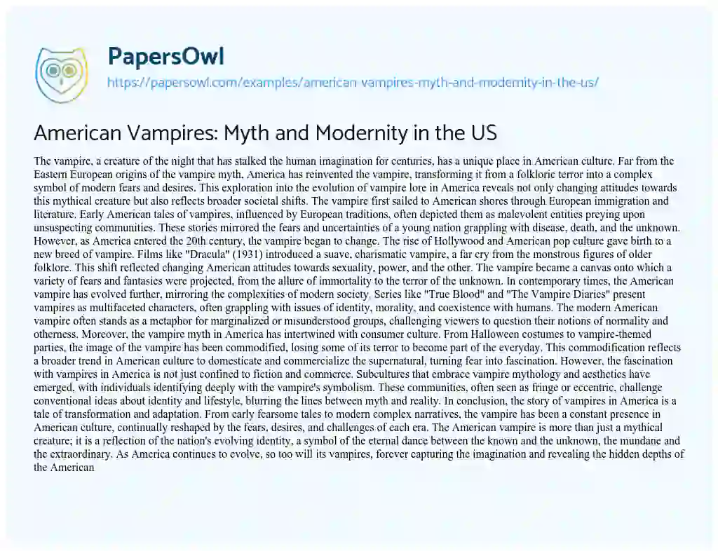 Essay on American Vampires: Myth and Modernity in the US
